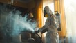 © jbstocks - A photo of a pest control technician spraying the inside of a home with pesticide, Generative AI illustrations.