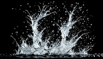 Poster - Water droplet creates a dramatic splash against a black background, showcasing the intricate details of the waters movement and the spray of smaller droplets