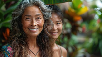 A warmly lit portrait of two smiling women with lush greenery behind them, showcasing their joyful expressions and the serene, natural environment they are enjoying.