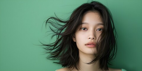 Wall Mural - Portrait of young Korean woman with messy hair against green background. Concept Portrait, Korean woman, Messy hair, Green background