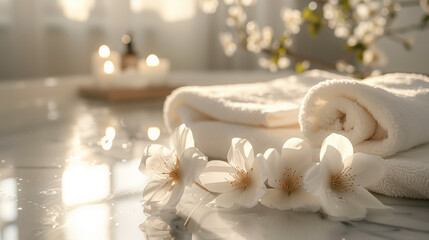 closeup of Flowers and towels in spa club