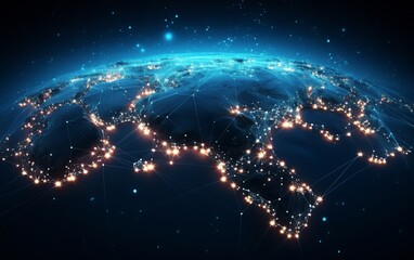 Poster - Planet Earth at night illuminated by city lights, highlighting global connectivity and communication networks. Concept of technology, globalization, and the internet.