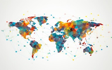 Poster - Colorful Polygonal World Map. Global Connections and Digital Network Illustration