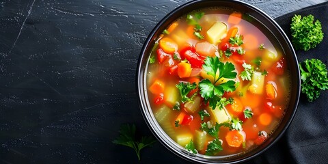 Wall Mural - Top view photo of colorful vegetable soup suitable for keto or paleo. Concept Keto-Friendly Recipes, Paleo Diet, Food Photography, Colorful Meals, Top View Shots