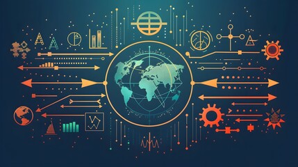 Fototapete - A globe surrounded by investment symbols representing various asset classes and geographical regions, with arrows indicating the spread of investments to reduce risk and volatility in a portfolio