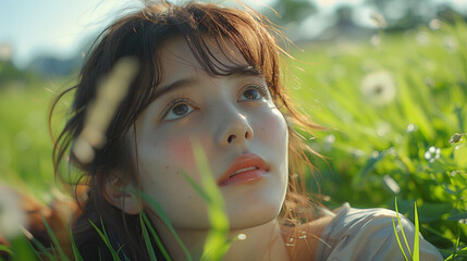 Poster - portrait of a Pure and beautiful Asian girl lying on the grass outdoors