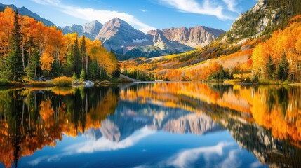 Wall Mural - serene mountain lake in autumn vibrant fall foliage reflective water surface majestic peaks crisp air natures colorful display