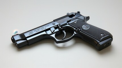 A close-up image of the Beretta black handgun with a textured grip, positioned on a white background. The pistol highlights sleek design and precise engineering.