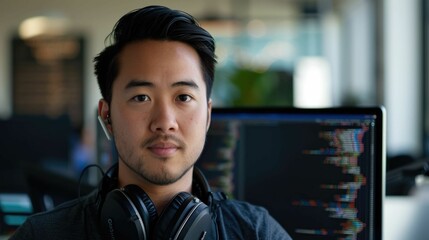 The picture of the software developer or programmer working with the computer and data inside the dark room with monitor, the developer require skills like problem solving and program language. AIG43.