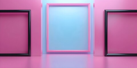 Wall Mural - Pink and blue 3D wallpaper with black neon elements and rectangles. Concept Wallpaper Design, 3D Effect, Pink and Blue Color Scheme, Black Neon Elements, Rectangular Patterns