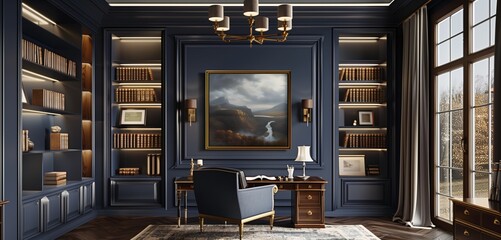 Wall Mural - Elegant Indigo Canvas Frame with Classic Art in a Classic Study Room with Rich Wood Furniture and Warm Lighting