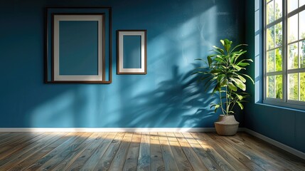 Wall Mural - Interior with wood flooring frames on wall and blue wall