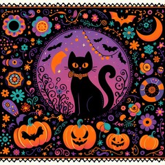 Happy Halloween day with black cat and pumpkins with decorations, playful motifs cartoon wallpaper, graphic illustration image generative ai