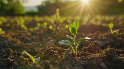 On a spring morning, at dawn, the first small green plant buds sprout from the ground in the dew, under the sunlight. Close up, microscopic photography. Origin of life concept. generative AI