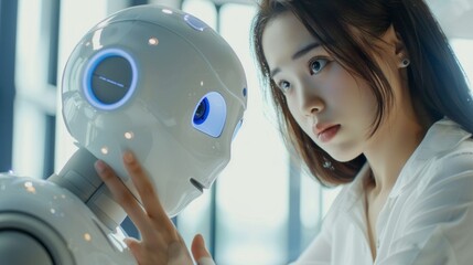 Poster - A woman gently touches the cheek of a white AI robot, their faces inches apart, reflecting a connection in a modern office setting
