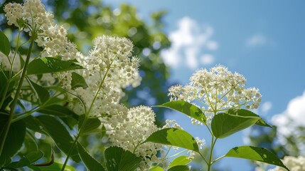 Wall Mural - A bunch of white flowers are blooming in the sun. Generate AI image