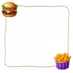 Wall Mural - White paper note, memo, with hamburger and french fries clipart in border, empty blank for messages, notepad for reminder, sticker note, Office accessory supply concept, generative ai