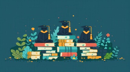 An artistic illustration featuring graduation caps on stacks of books in a garden setting, with vibrant colors and whimsical elements, symbolizing knowledge, achievement, and growth.