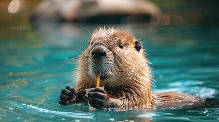 Wall Mural - A baby beaver is swimming in the water with a yellow straw in its mouth