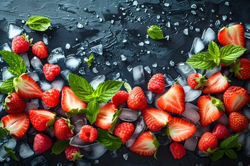Wall Mural - Fresh Summer Berries and Mint with Ice on Dark Background for Refreshing Concept and Design
