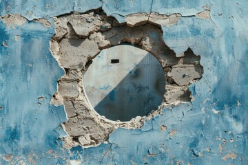 Poster - A hole in a blue wall with a mirror attached