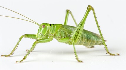 Wall Mural - A close-up of a green grasshopper sitting on a white surface