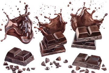 Poster - A group of pieces of chocolate with a chocolate splatter, perfect for food photography or recipe illustrations