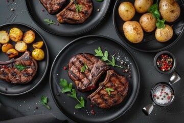 Poster - A plate full of meat and potatoes on a wooden table