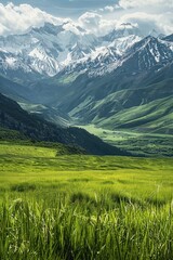 Poster - A serene scene of a lush grassy field with distant mountains in the backdrop, suitable for nature-themed projects