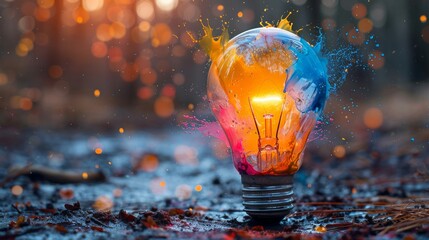 Colorful paint splatters explode from a light bulb, symbolizing creativity and inspiration. Perfect for business, design, and success projects, sparking breakthroughs and illuminating ideas