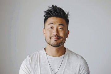 Poster - Portrait of a content asian man in his 30s donning a trendy cropped top isolated on white background