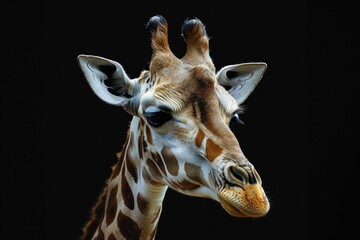 Poster - A close-up view of a giraffe's face on a black background