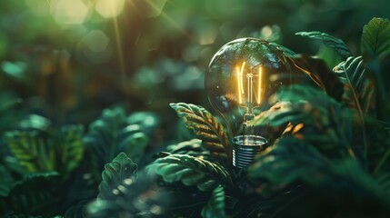 Poster - A single light bulb sits atop a lush green forest, providing a bright spot amidst the natural surroundings