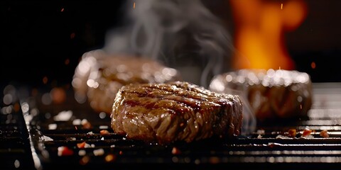 Wall Mural - Sizzling beef steaks on a flaming grill against a dark backdrop. Concept Steak grilling, Flaming grill, Food photography, BBQ, Culinary arts