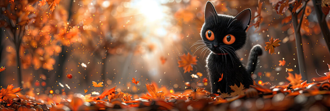 Cute 3D Rendered Black Cat. Halloween Cat on Autumn. Maple Forest in Autumn. Orange Themed. Cute Cat. Spooky Theme with Copy Space