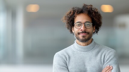 young hispanic business employee man with curly black hair and glasses, happy portrait, copy space, blur background