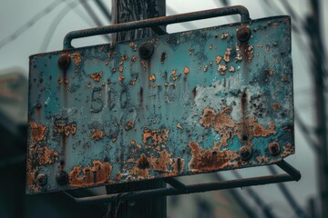 Poster - Old and weathered sign hangs from rusty metal pole, ideal for use in historical or abandoned setting images