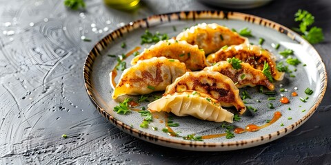 Wall Mural - Japaneseinspired gyoza with Italian filling on a modern plate with traditional motifs. Concept Japanese Cuisine, Fusion Foods, Plating Presentation, Culinary Innovation, Global Flavors