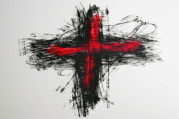 Poster - A red cross symbol painted on a white wall, simple and bold