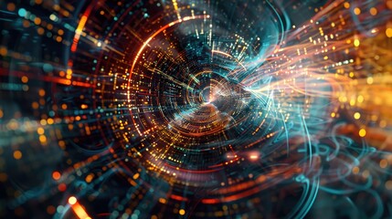 Poster - abstract tech flow: complex data streams and algorithmic models intertwining in a futuristic backgro