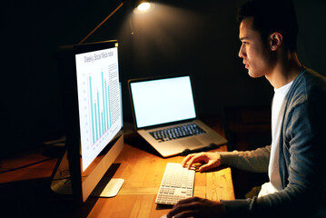 Poster - Side view, businessman and computer with chart screen for feedback, review and market research in dark office. Programmer guy, monitor and data analytics for app development, coding and website stats
