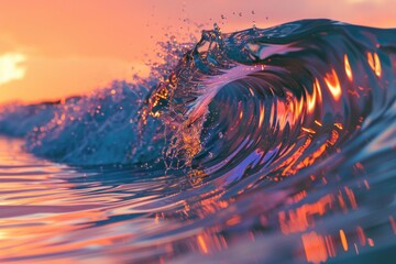 Poster - A close-up shot of a wave crashing onto the beach at sunset