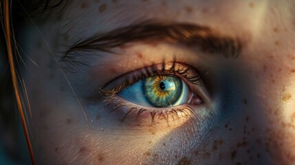 Poster - A close-up of a person's eye with distinctive freckles, suitable for use in portraits or illustrations