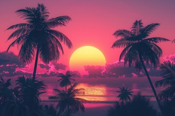 Aufkleber - Sunset scene with palm trees reflected in calm water, ideal for travel or relaxation illustrations