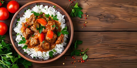 Poster - Spicy Asian Meat Dish with Rice, Tomatoes, and Parsley on Wooden Background. Concept Food Photography, Asian Cuisine, Fresh Ingredients, Wooden Background, Spicy Meat Dish