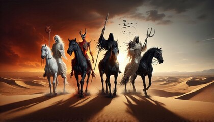 The Four Horsemen of the Apocalypse Riding Through the Desert - The four horsemen of the apocalypse ride on horseback across a desert landscape with a fiery sunset in the background.