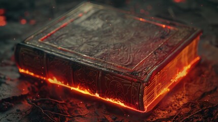 Poster - A book with a glowing cover lying on the ground, perfect for use in scenes of magic, mystery or fantasy