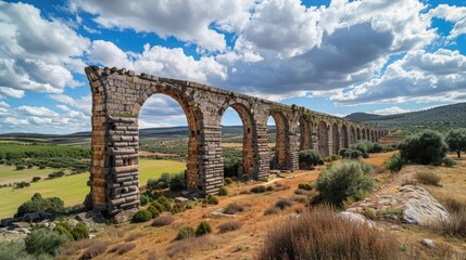 Poster - An old stone aqueduct with arches situated in the midst of a lush green field