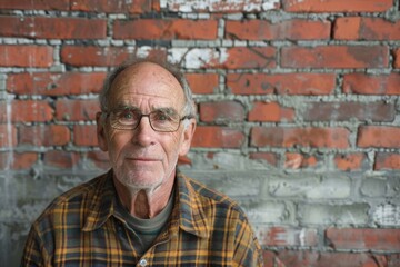 Wall Mural - Portrait of a content caucasian man in his 60s wearing a comfy flannel shirt on vintage brick wall
