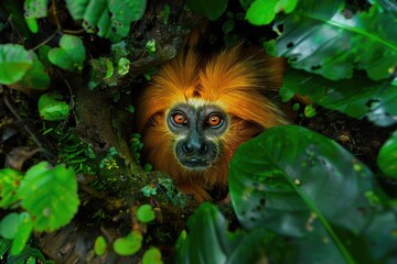 Poster - A close-up shot of a monkey sitting in a tree, looking around